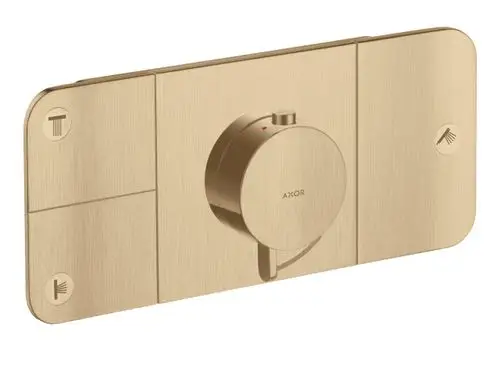 Thermostatmodul von AXOR in brushed bronze, besteht aus einer flachen Wandplatte mit einem runden Drehregler und symbolischen Anzeigen für Wasser und Dusche.
